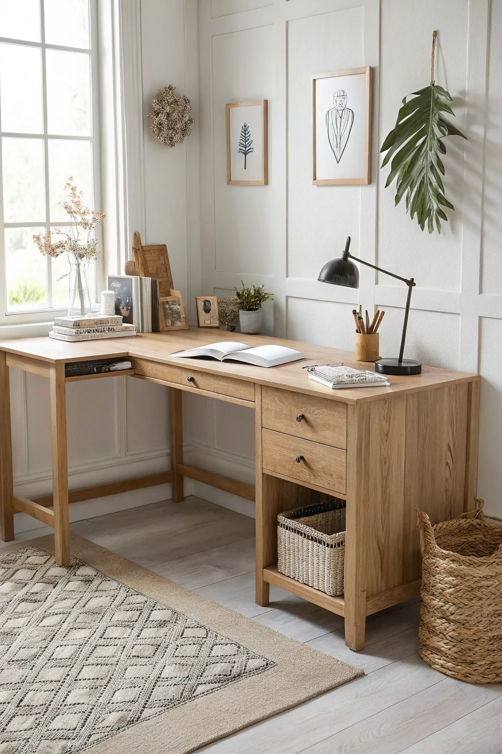 Transform your corner into a creative haven with this elegant L-shaped craft desk, where simplicity meets style.