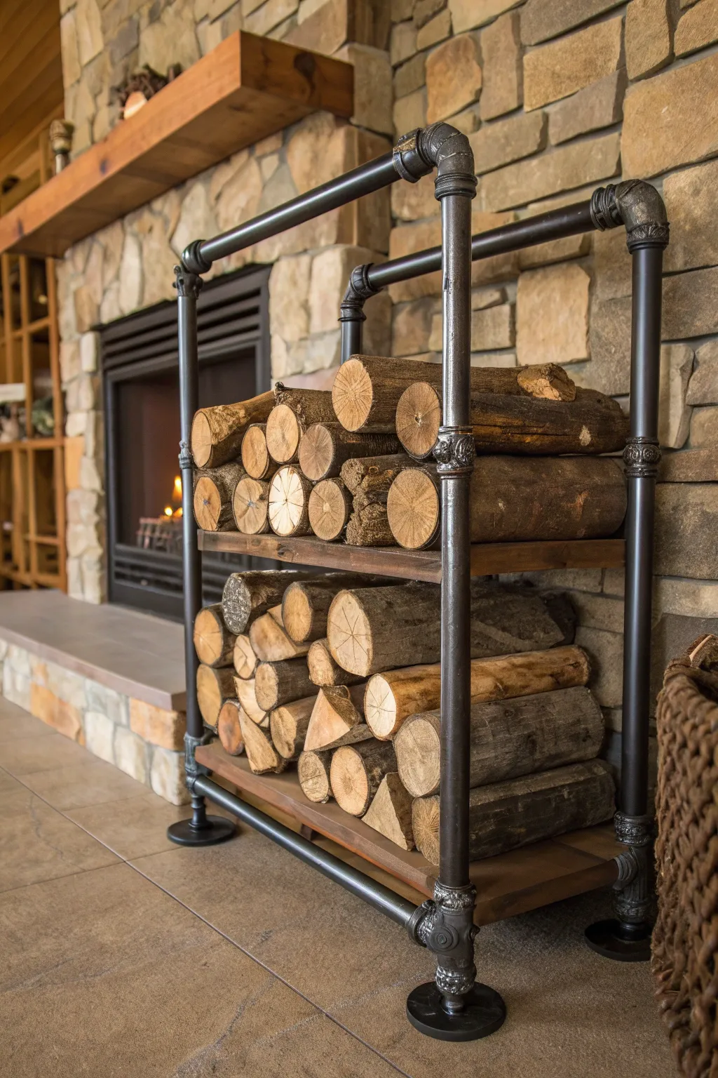 Elevate your space with this handcrafted firewood rack, a perfect blend of style and function.