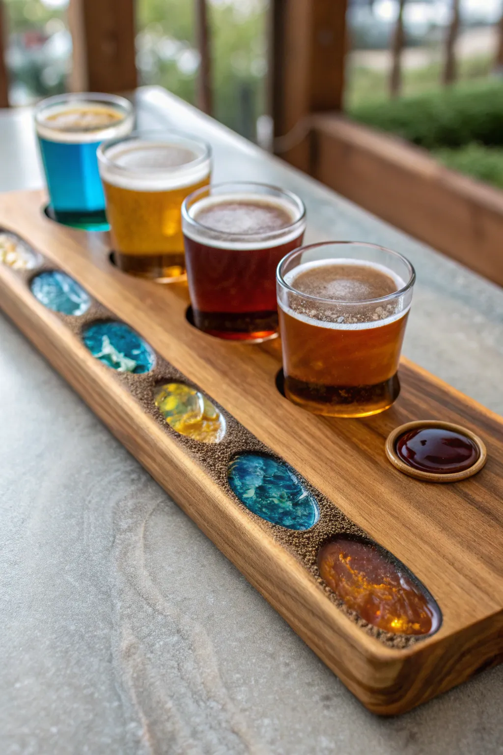Elevate your beer tasting experience with a touch of artistry: handcrafted boards with vibrant resin accents.