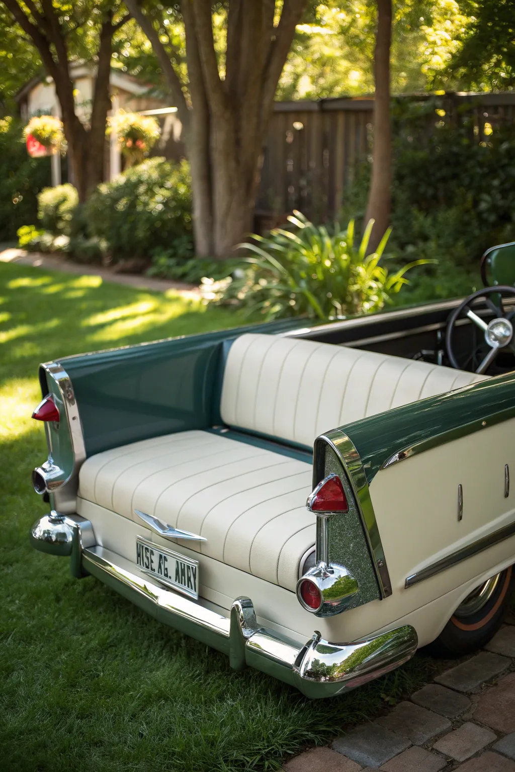 Experience the art of transformation with this Convertible Trunk Bench, where automotive history meets garden tranquility.