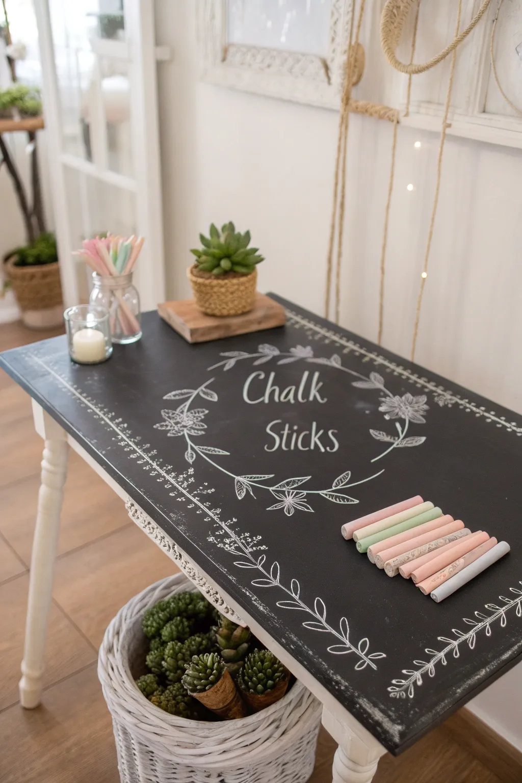 Elevate your space with a chic chalkboard tabletop – perfect for notes and creativity, blending Scandinavian simplicity with a boho touch.