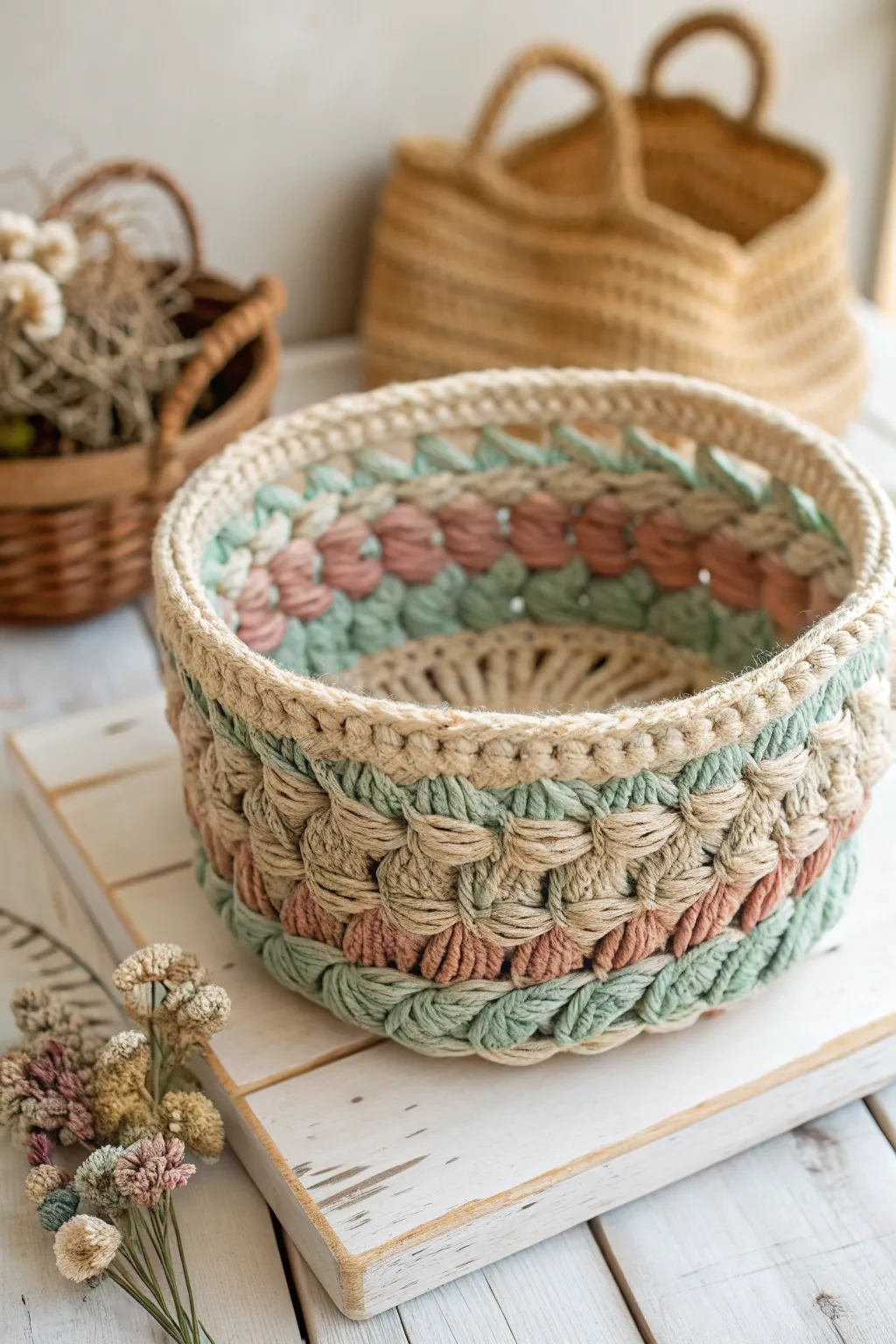 Embrace eco-friendly elegance with this handcrafted crochet basket, a testament to sustainable beauty.