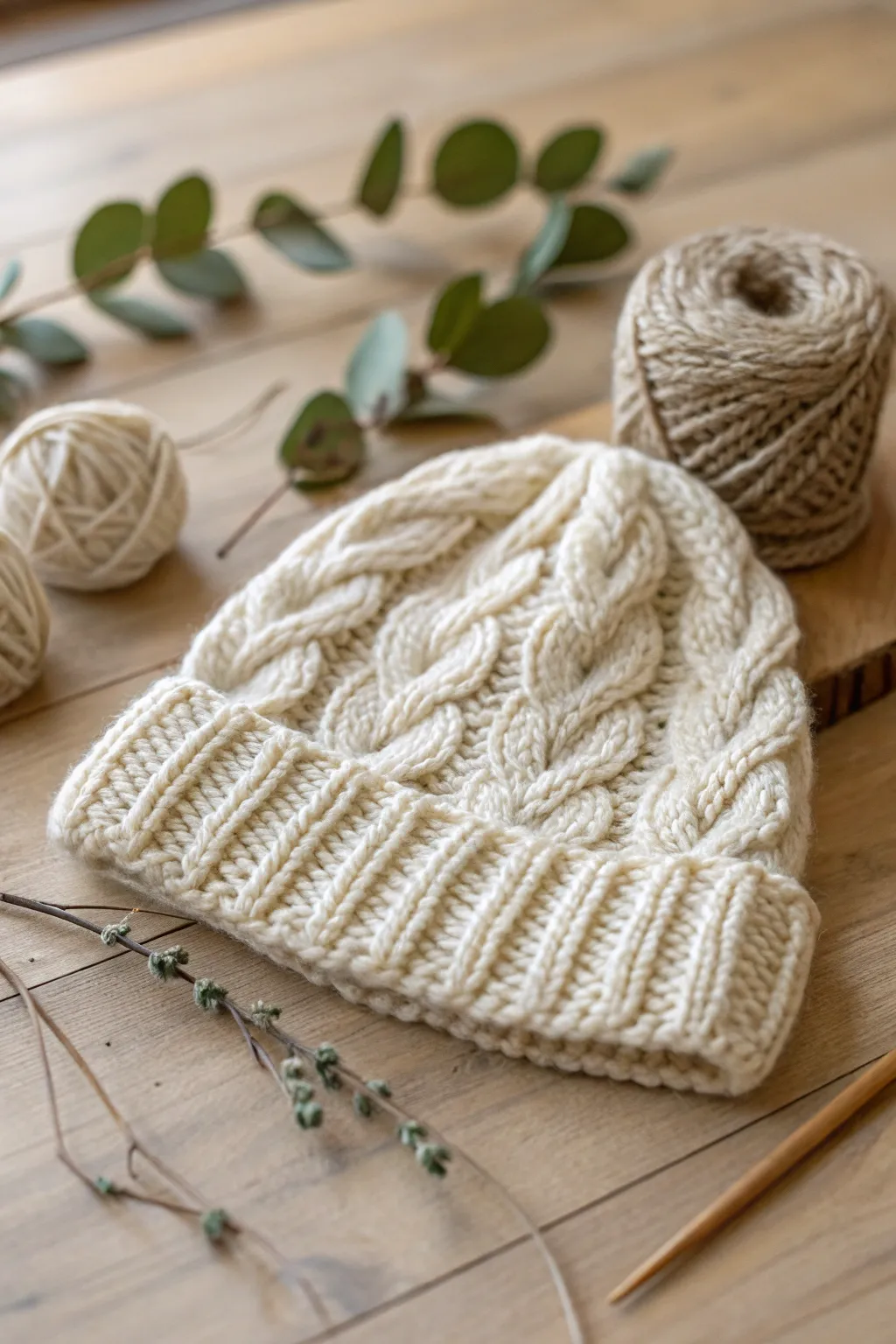 Embrace cozy elegance with this intricately cabled crochet beanie — where tradition meets minimalist charm.