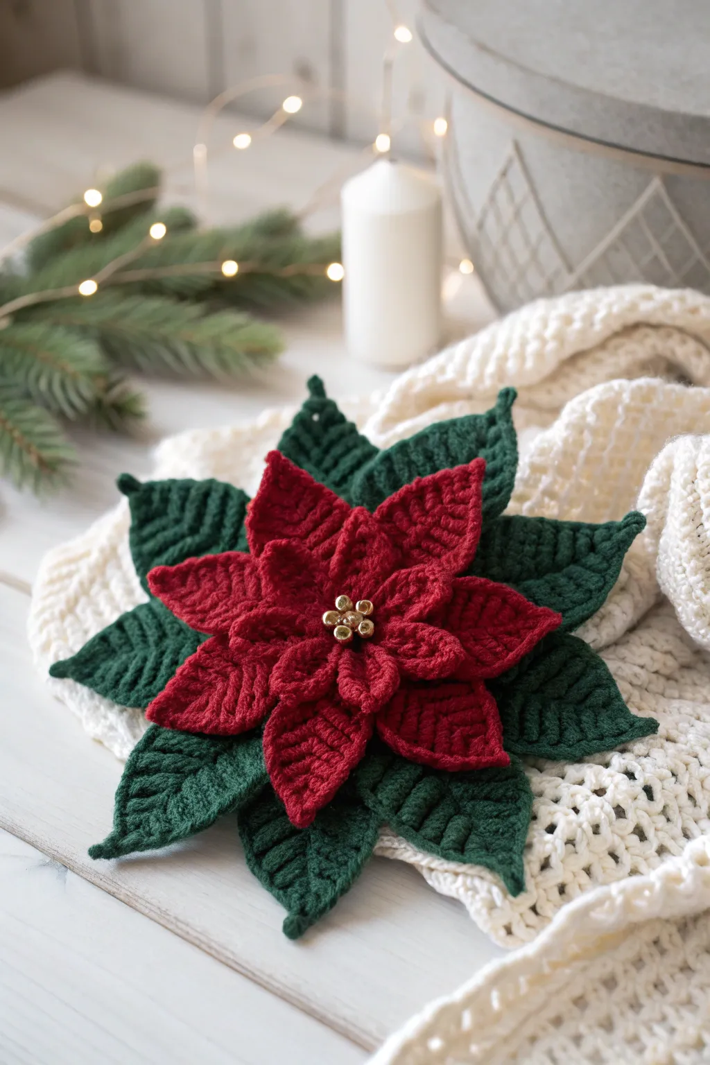 Elevate your festive decor with the timeless elegance of handcrafted crochet poinsettias.