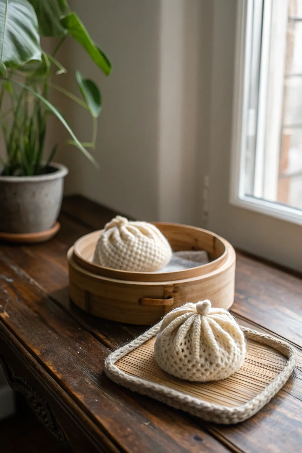 Delight in the charm of handmade crochet dumplings, where simplicity meets artistry.
