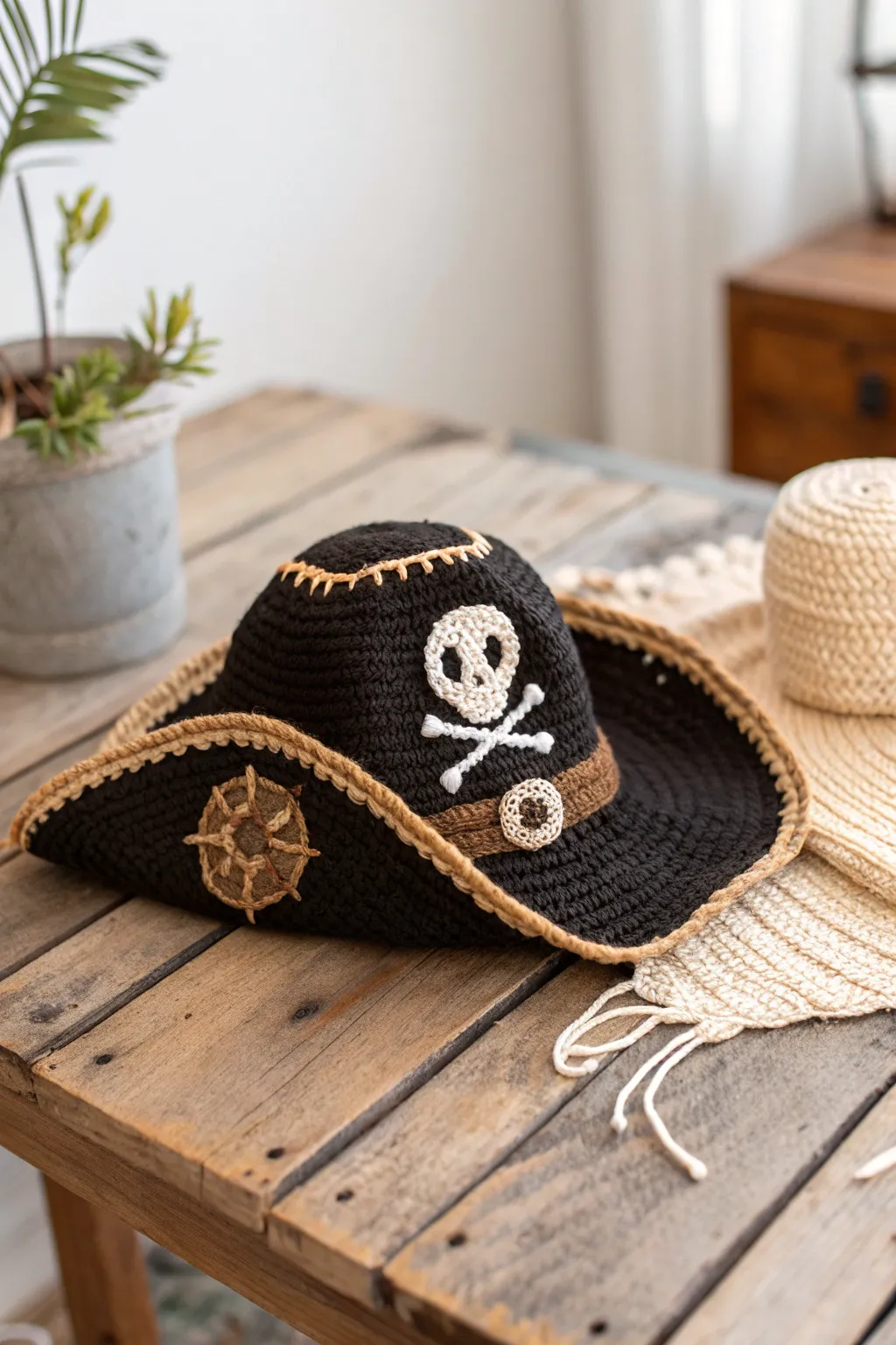 Set sail in style with this elegantly crafted crochet pirate hat, perfect for your Halloween adventure.