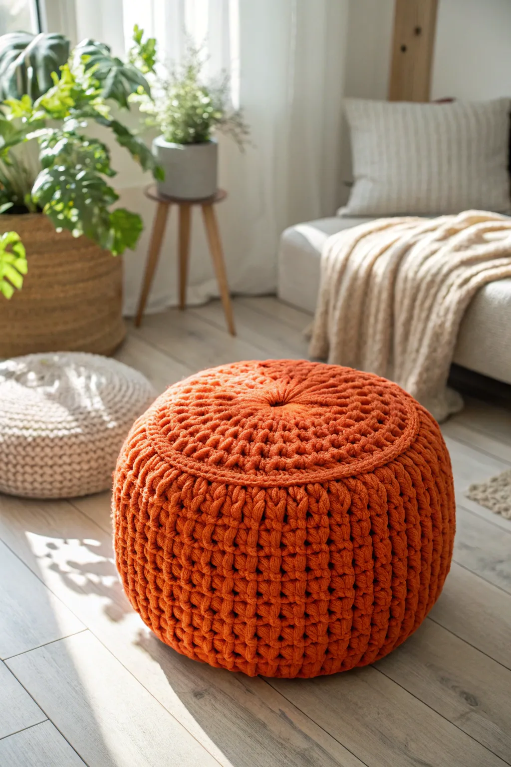 Add a splash of color and comfort with this vibrant crochet pouf, perfect for any minimalist space.