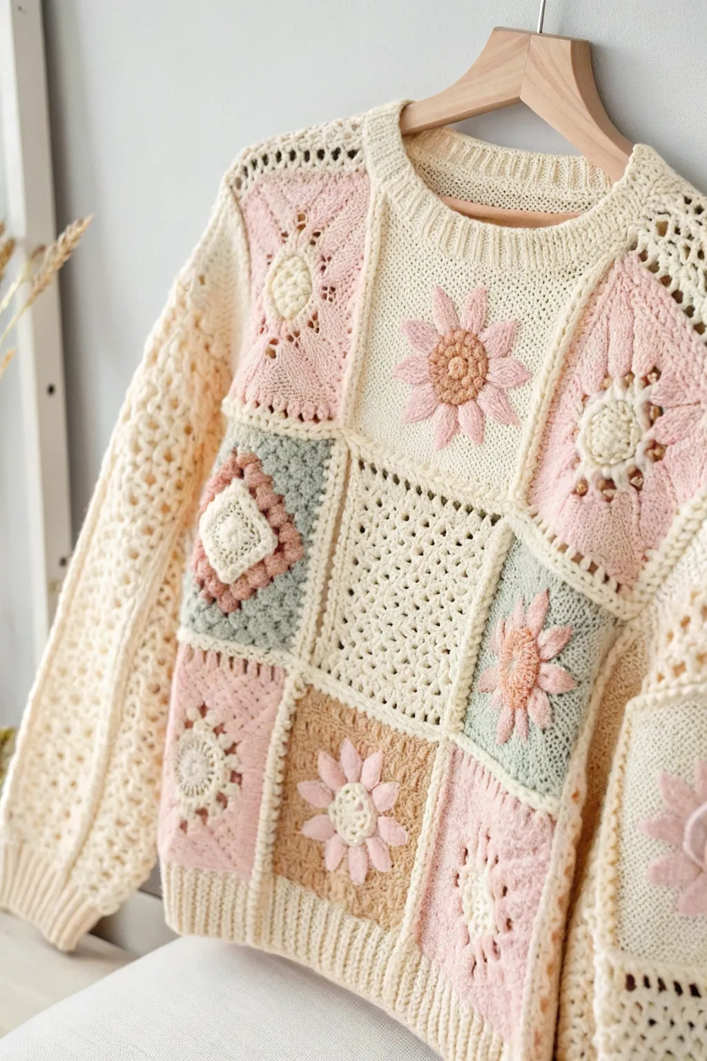 Embrace the charm of patchwork with this unique crochet sweater, where every stitch tells a story.