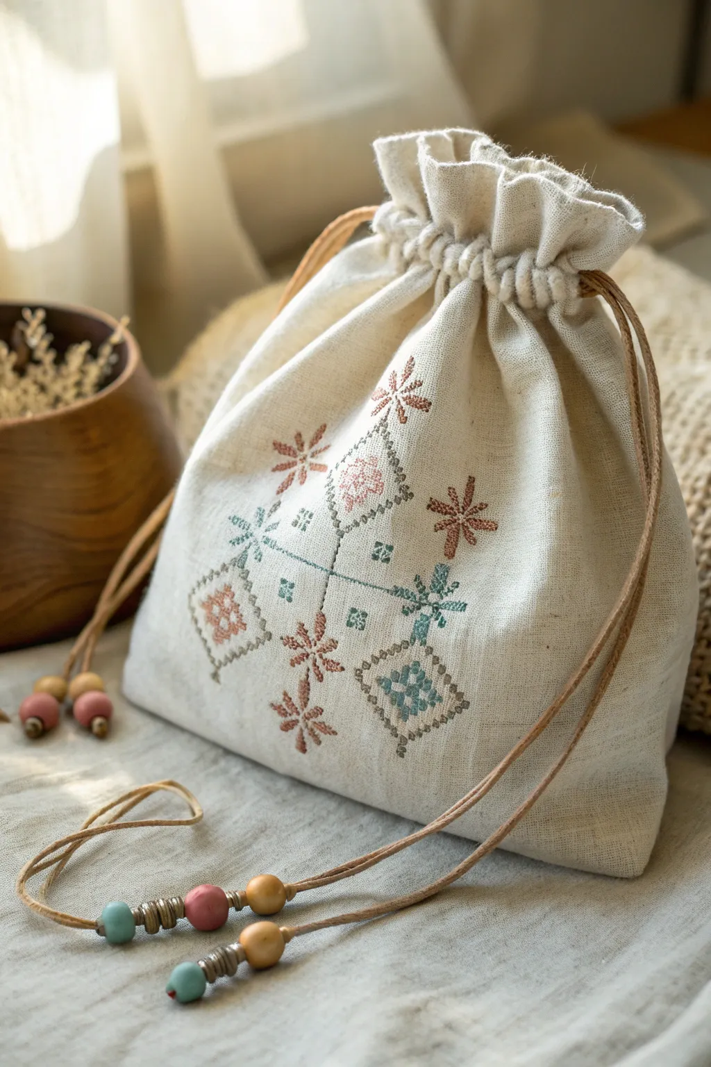 Elevate your cross stitch journey with this chic, handcrafted project bag—where minimalism meets boho elegance.