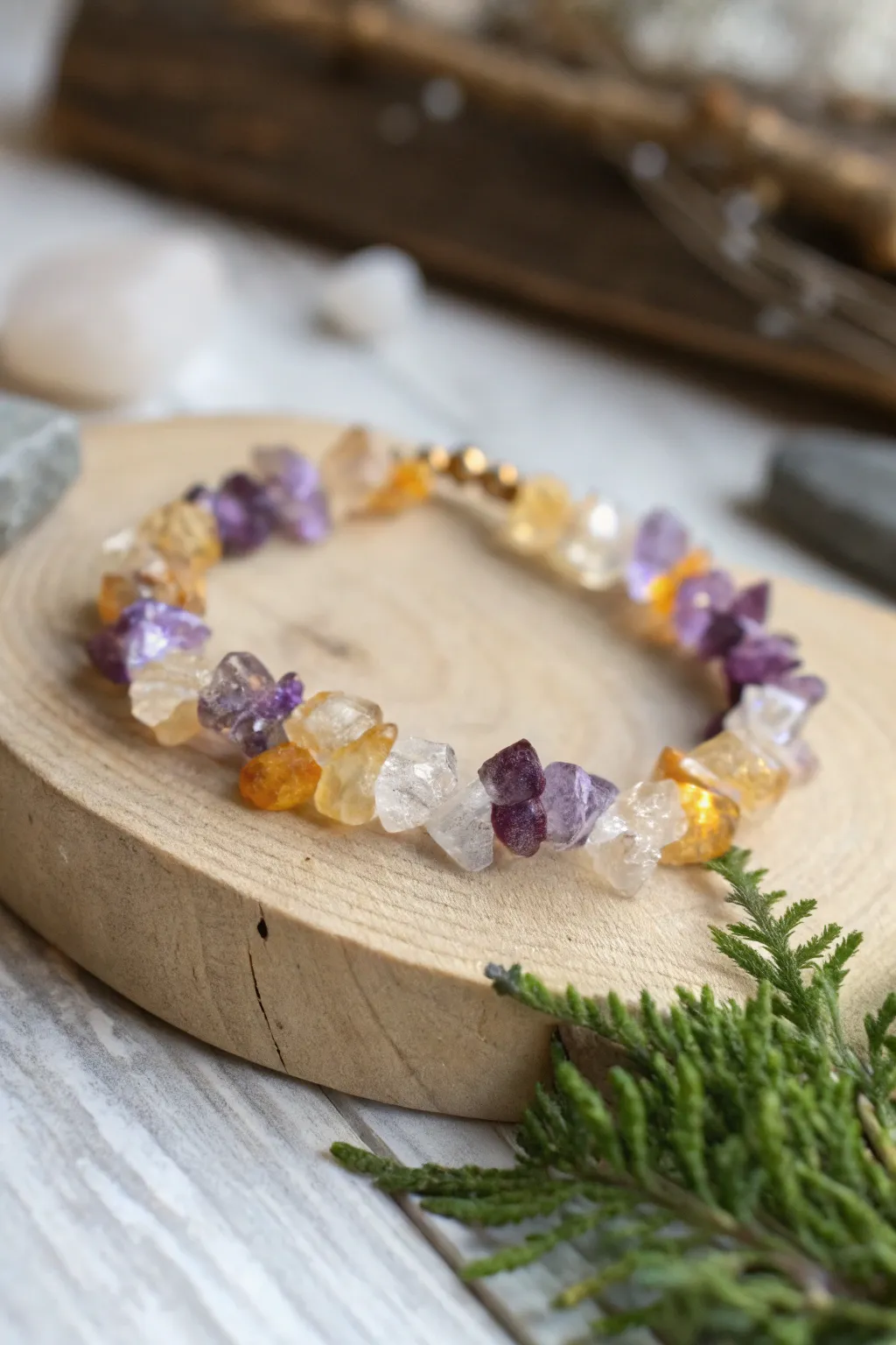 Embrace the beauty of nature with this stunning mixed crystal mosaic bracelet.
