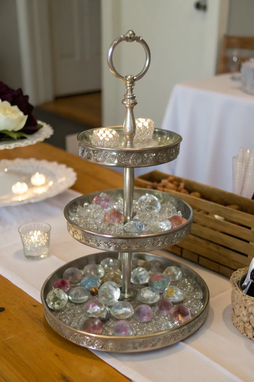 Tiered trays used creatively for displaying crystals.