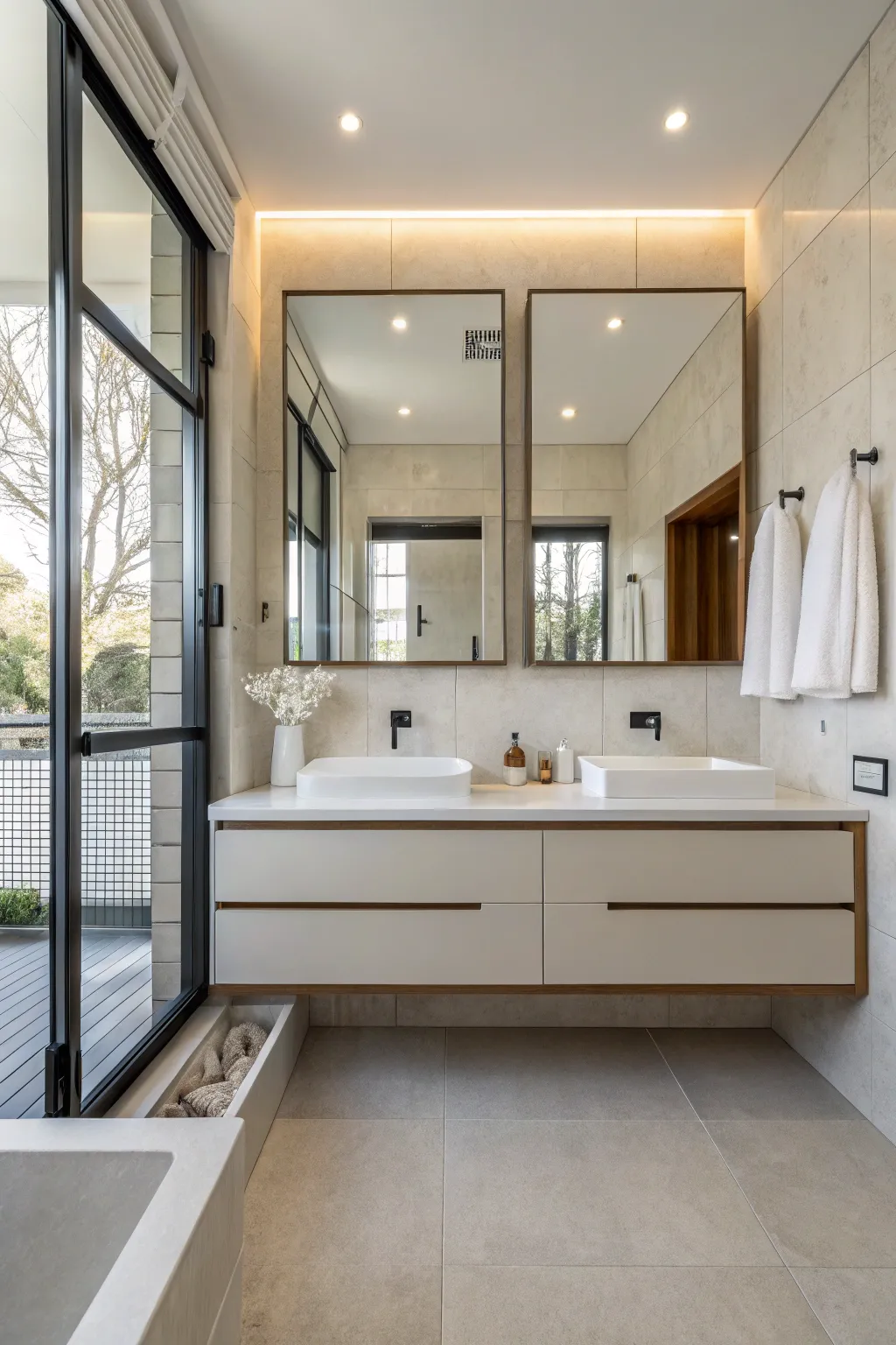 Floating vanities add a modern touch while maximizing space.