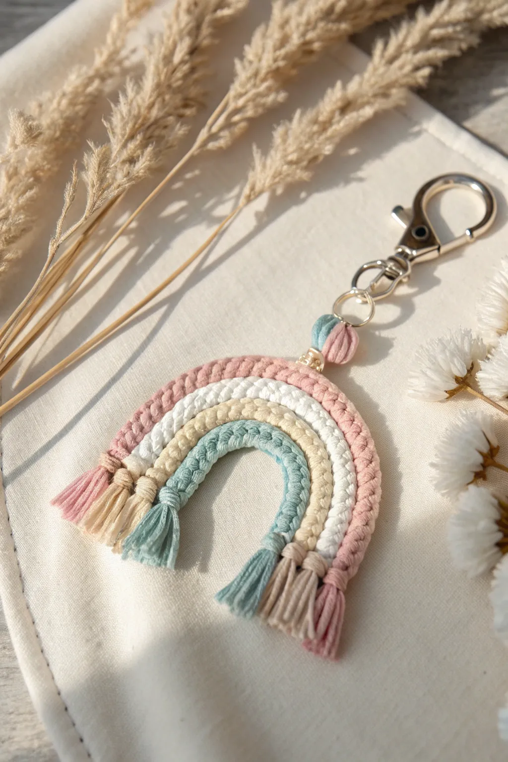 Add a touch of bohemian charm to your keys with this delicate macrame rainbow keychain.