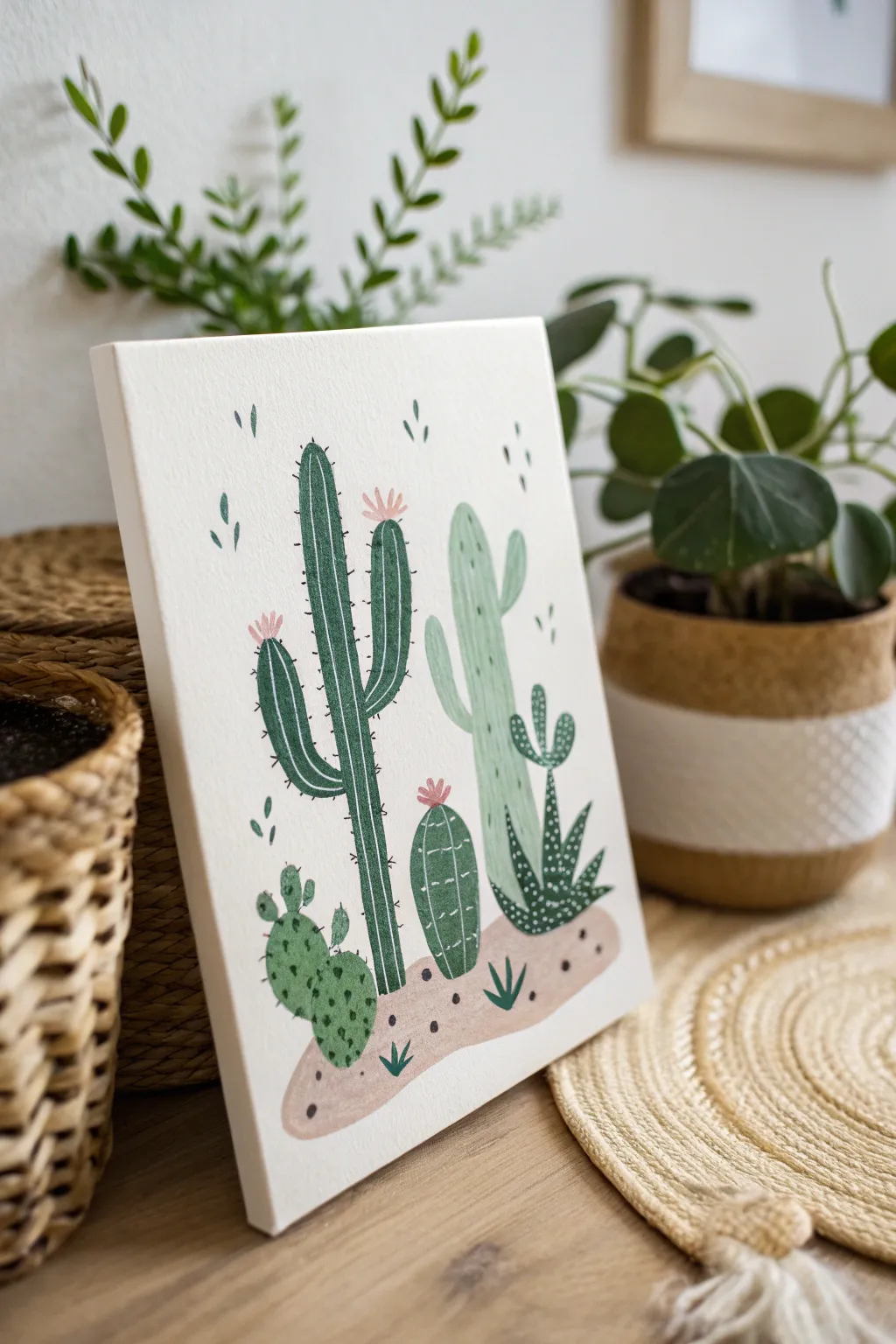 Embrace minimalist charm with a playful cactus garden painting that adds a delightful touch to any space.