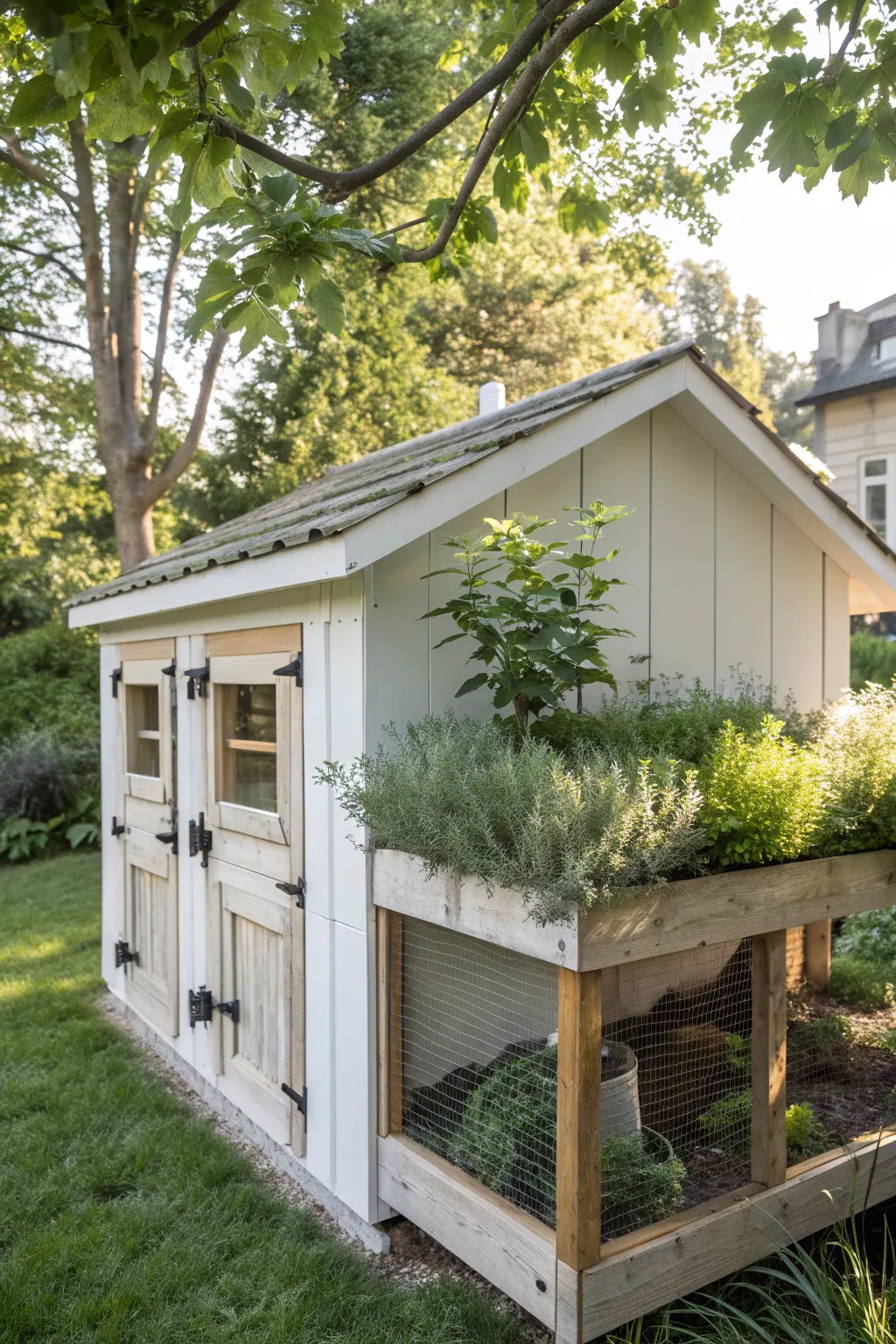 Elevate your garden with a chic coop: where minimalist design meets the charm of a flourishing herb garden.