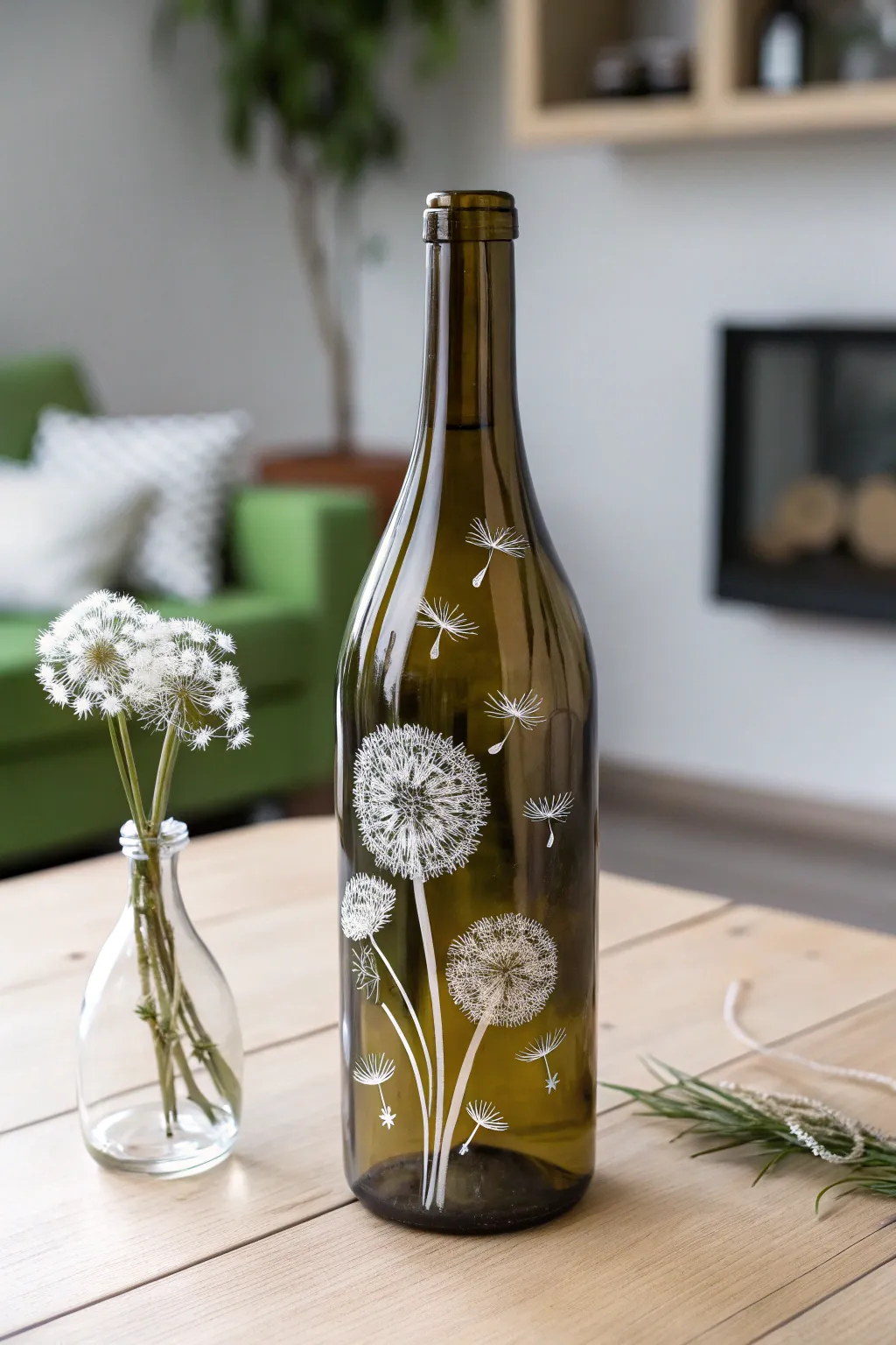 Transform your space with the whimsical charm of dandelions on a handcrafted wine bottle vase.