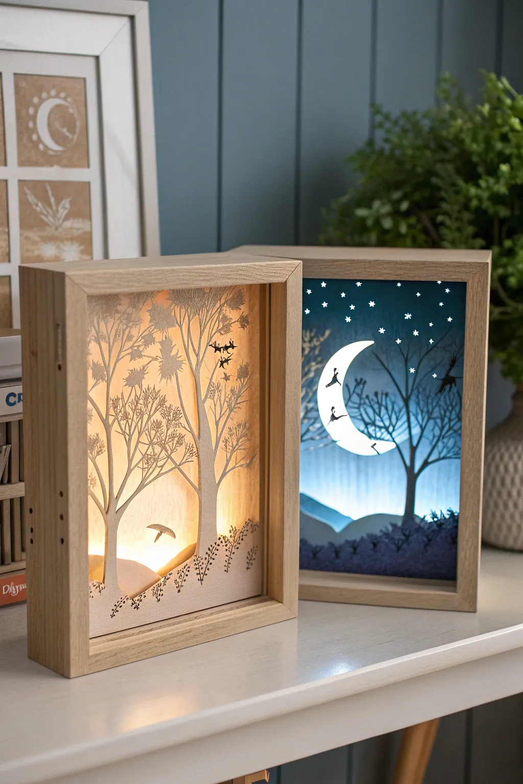 Discover the delicate harmony of day and night in this stunning shadow box creation. 🌞🌜 #ScandinavianMinimalism #ArtfulCraftmanship