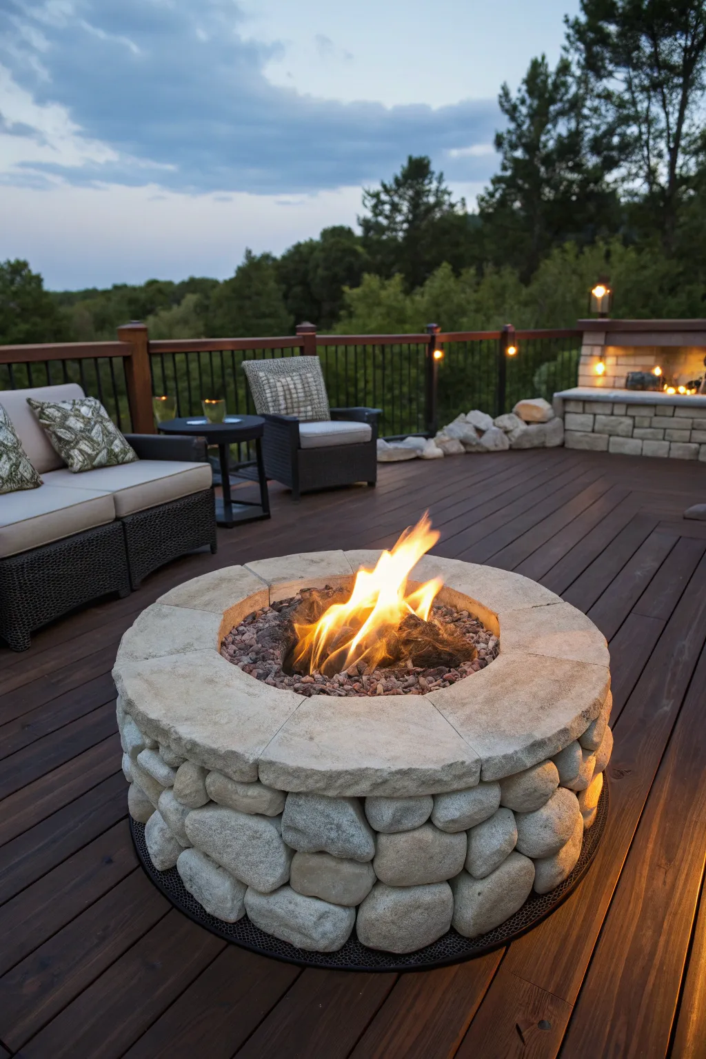 Ignite your outdoor space with a stunning stone fire pit, perfect for cozy evenings on the deck.