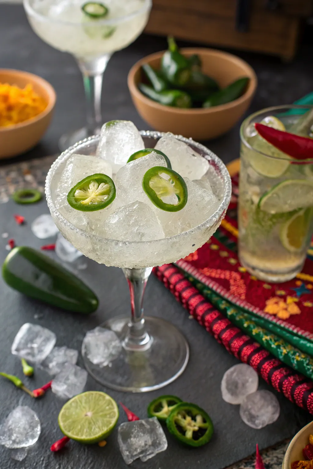 Spicy jalapeño ice cubes for a fiery twist.