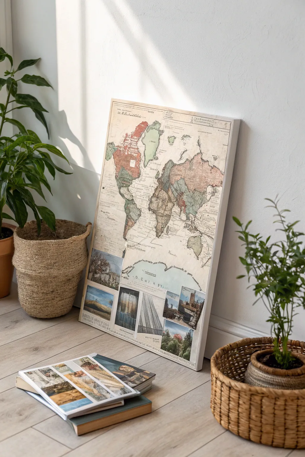 Capture your wanderlust with decoupage art: a journey through maps and dreams.