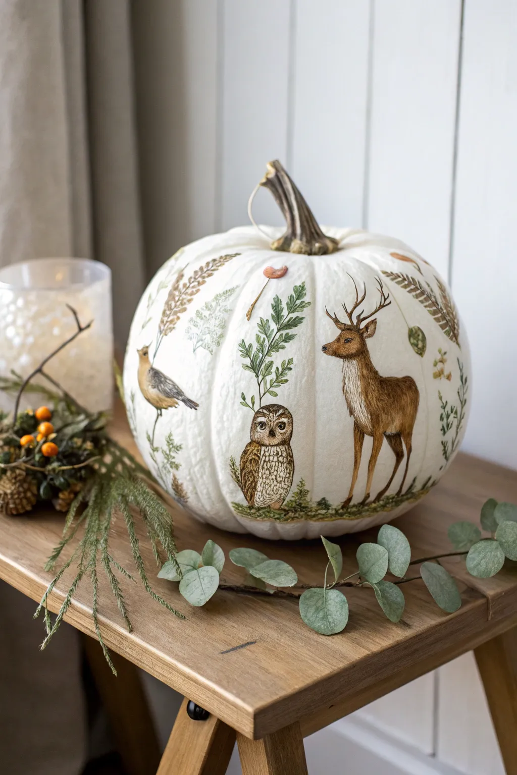 Embrace the whispers of the forest with woodland-inspired decoupage pumpkins.