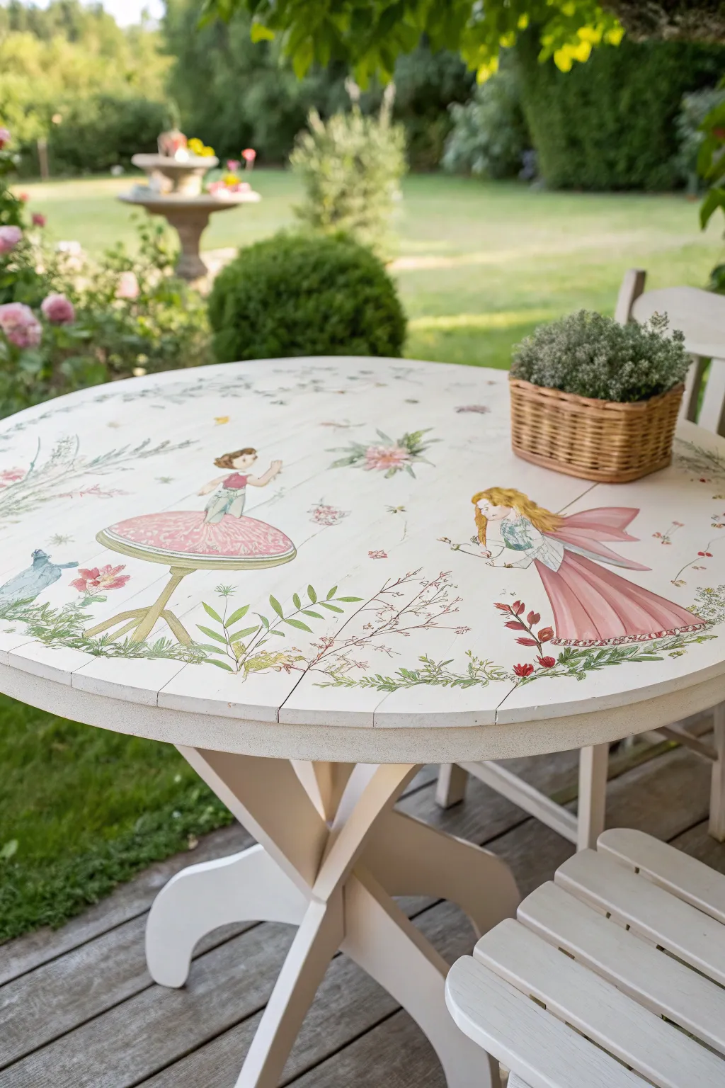Step into a Whimsical Wonderland with this enchanting decoupage table, perfect for adding a playful touch to your outdoor space.