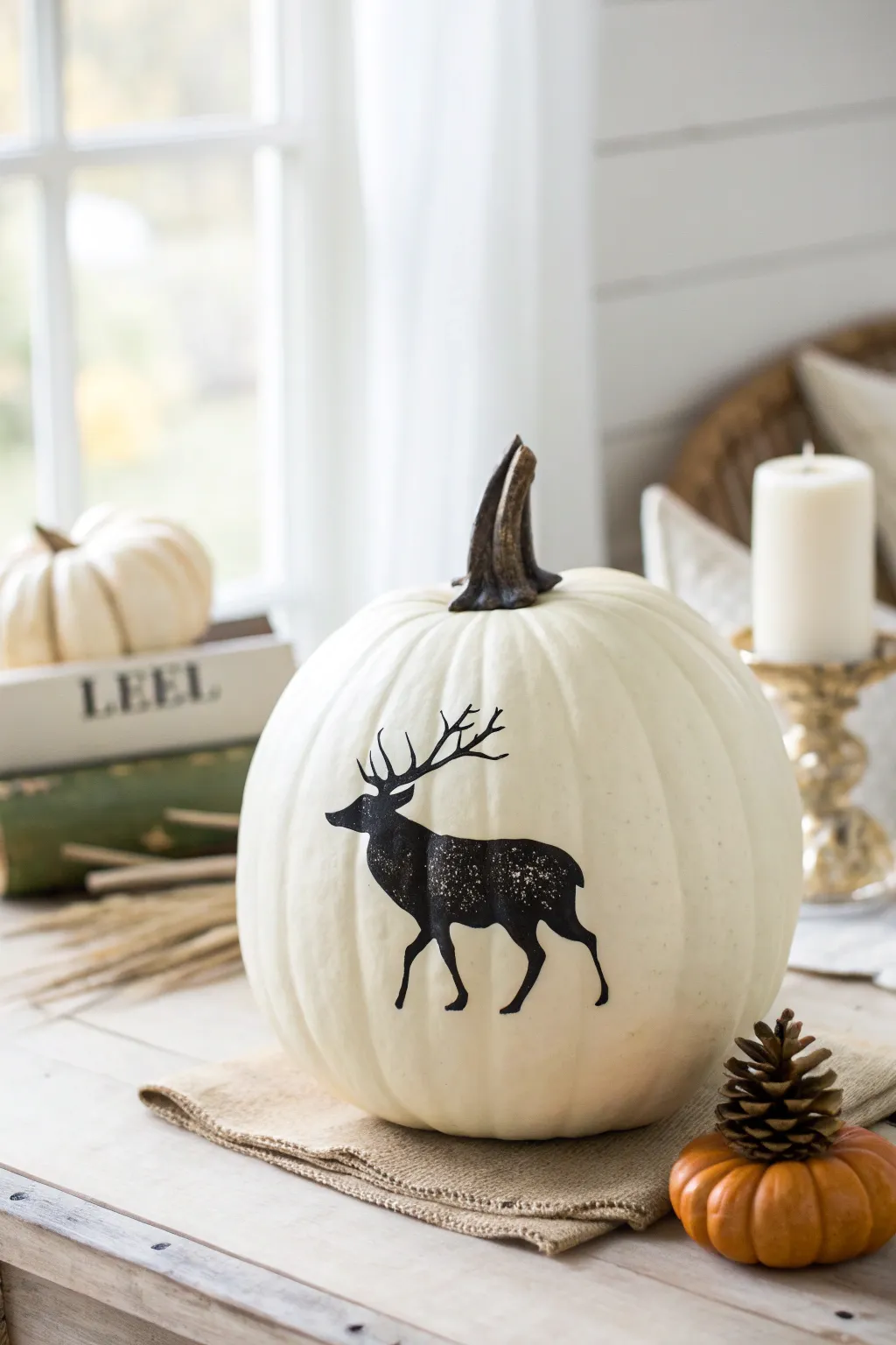 Embrace simplicity with stunning minimalist deer silhouettes on pumpkins, perfect for a cozy Scandinavian-inspired decor.