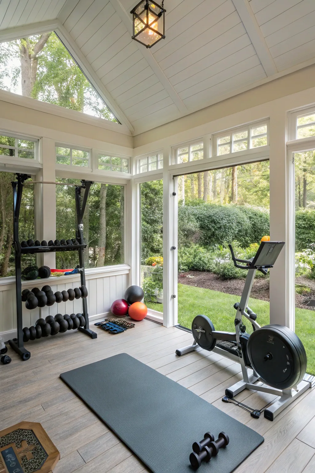 A home gym with a refreshing garden view.
