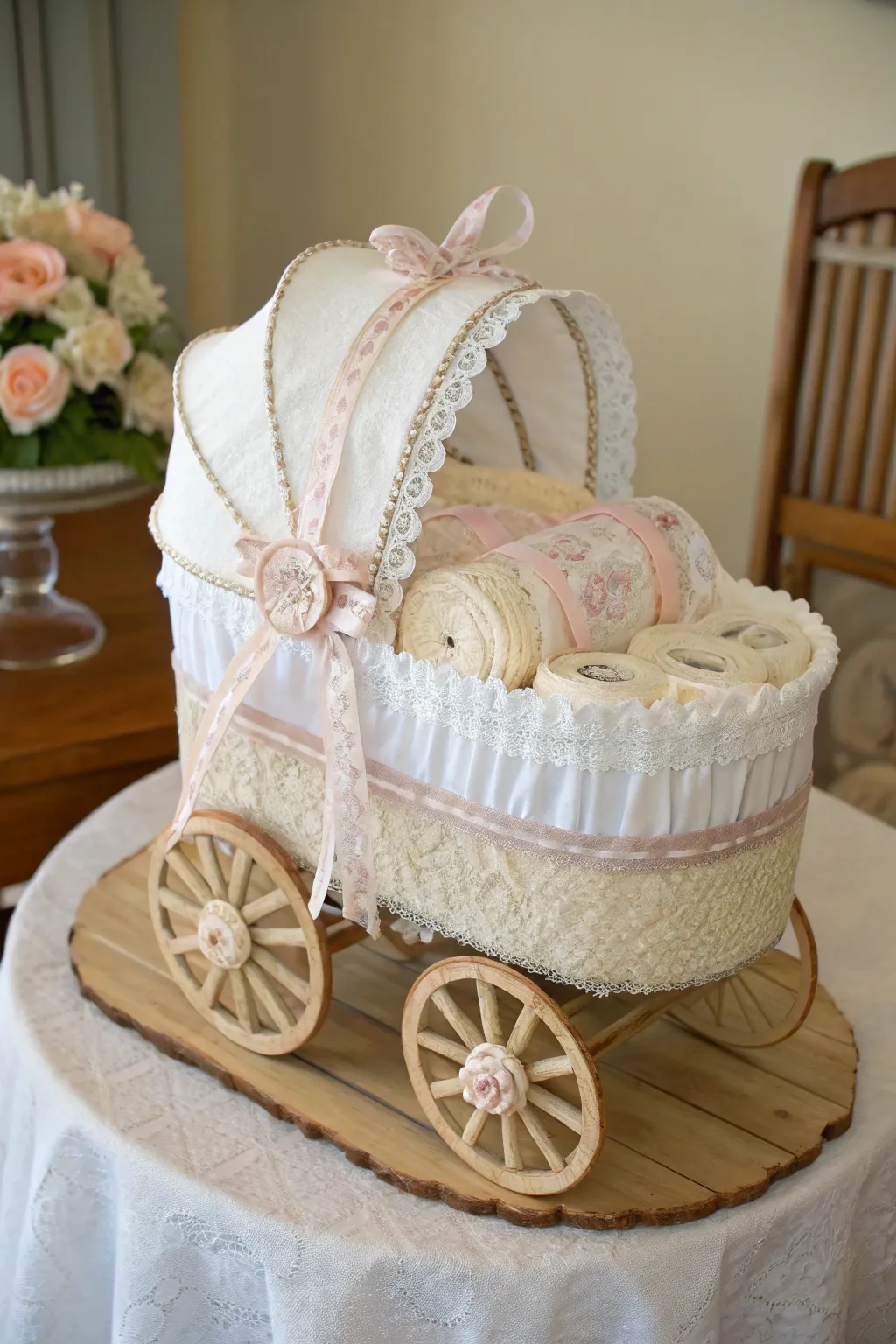 Step into a world of vintage charm with this carriage-style diaper cake, a perfect blend of craftsmanship and elegance.