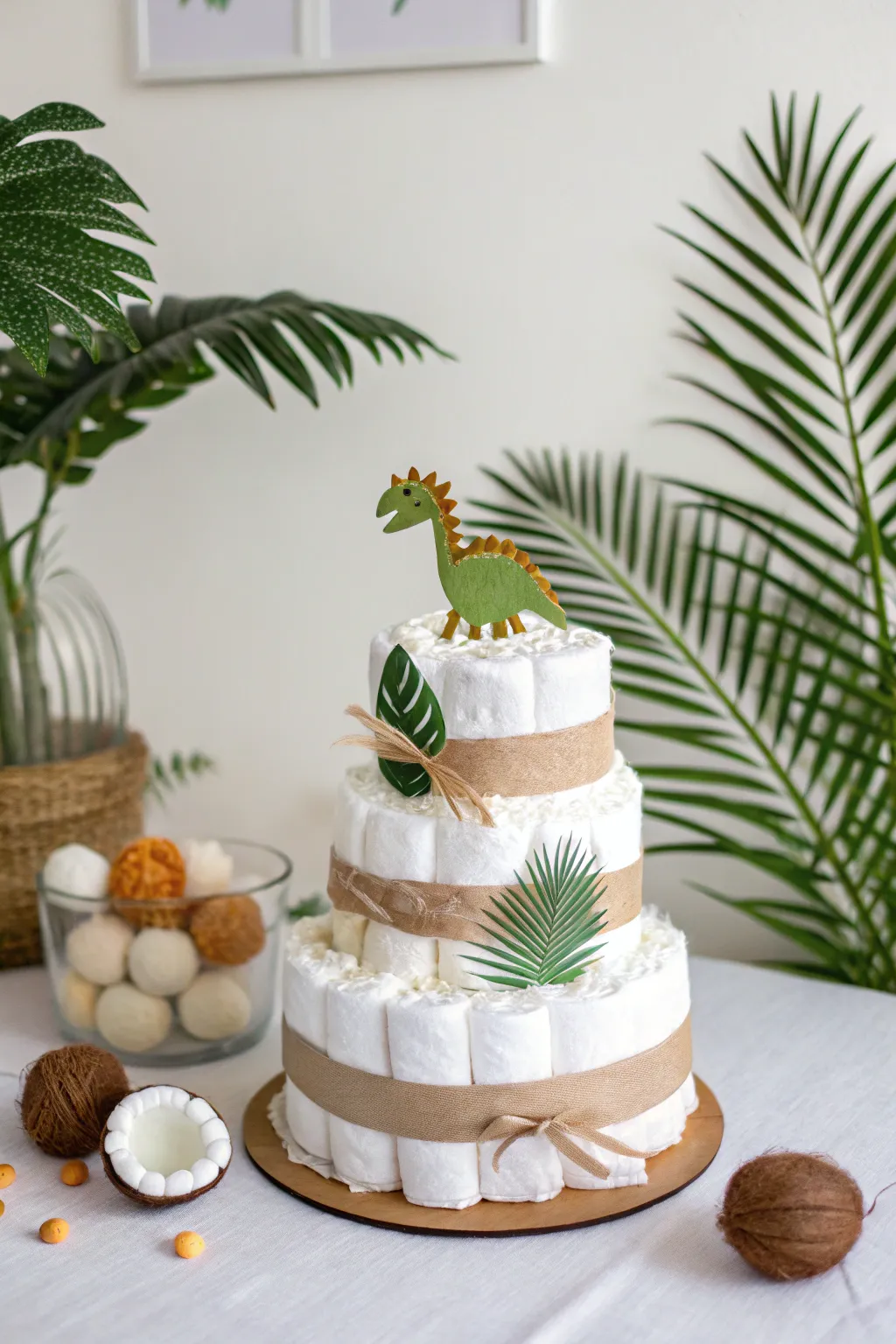 Transport your celebrations to a prehistoric paradise with this Tropical Twist dinosaur diaper cake!