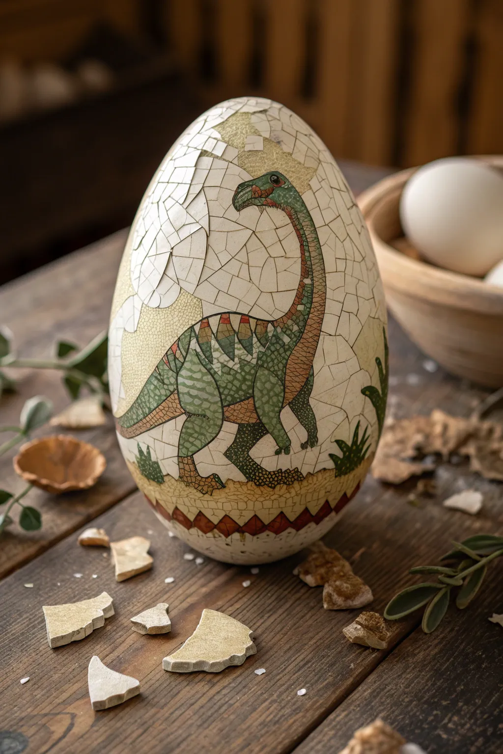 Transform ordinary eggs into a prehistoric masterpiece with dinosaur eggshell mosaics!