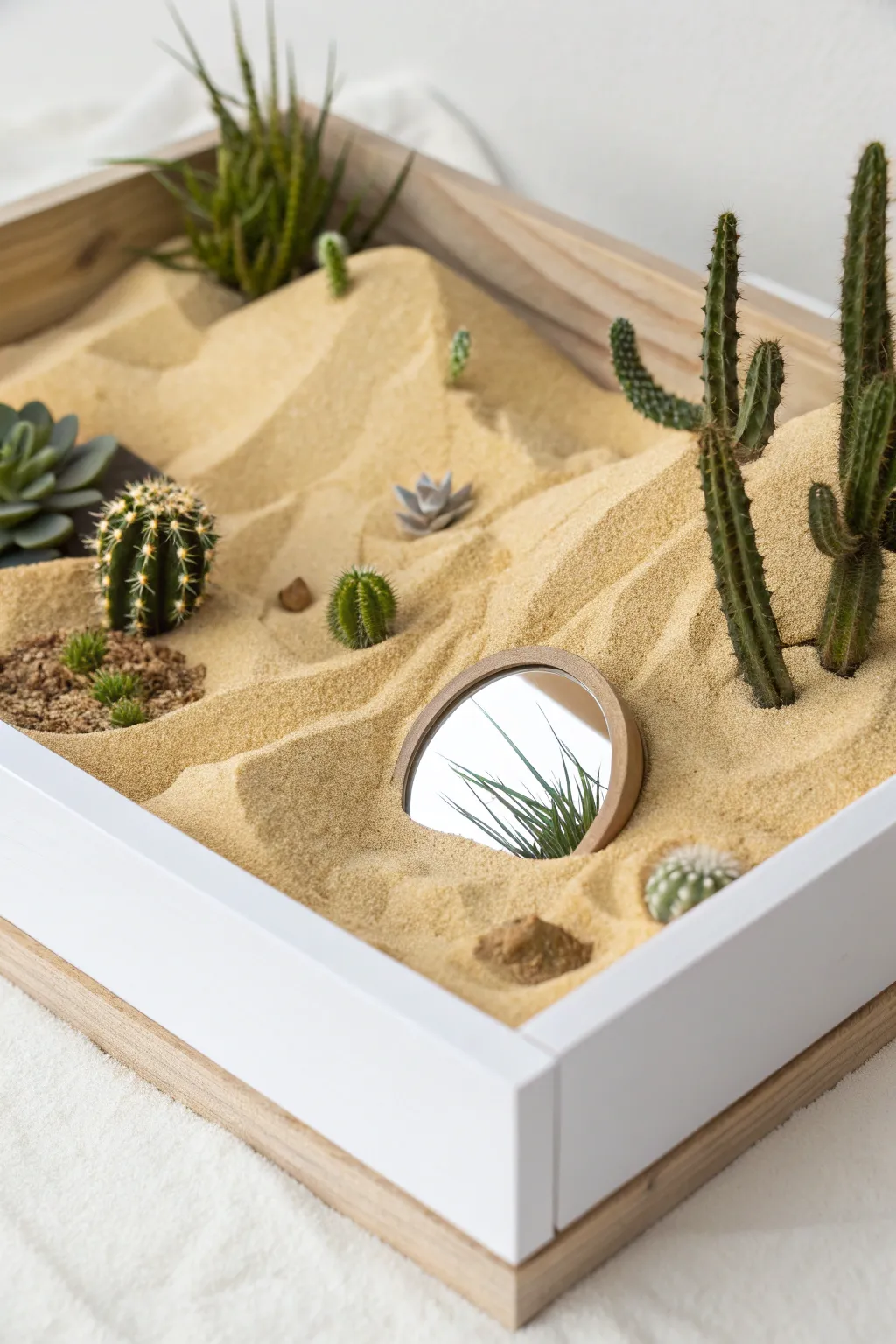 Discover serenity in simplicity with this desert oasis diorama, where craftsmanship meets natural beauty.