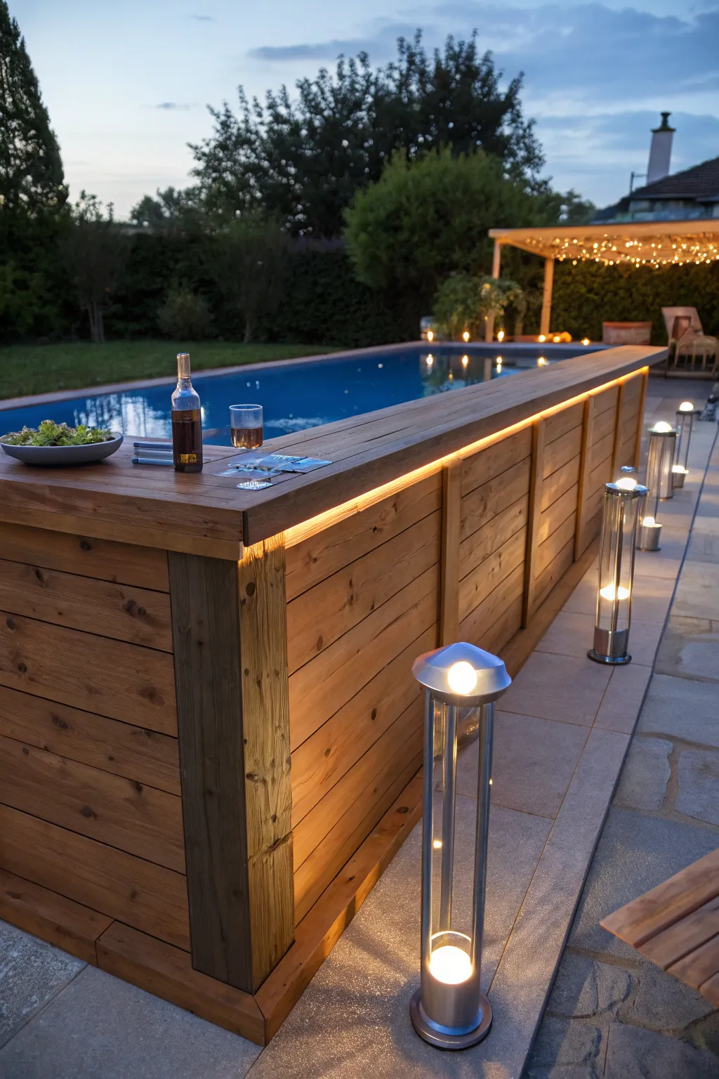 Illuminate your evenings with this stunning DIY solar-powered pool bar. Craftsmanship meets sustainability!
