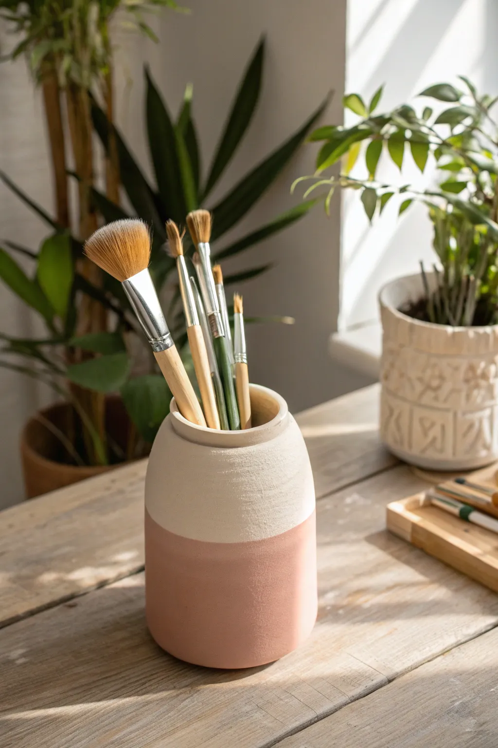 Elevate your art space with this chic DIY brush holder, blending Scandinavian minimalism with boho elegance.