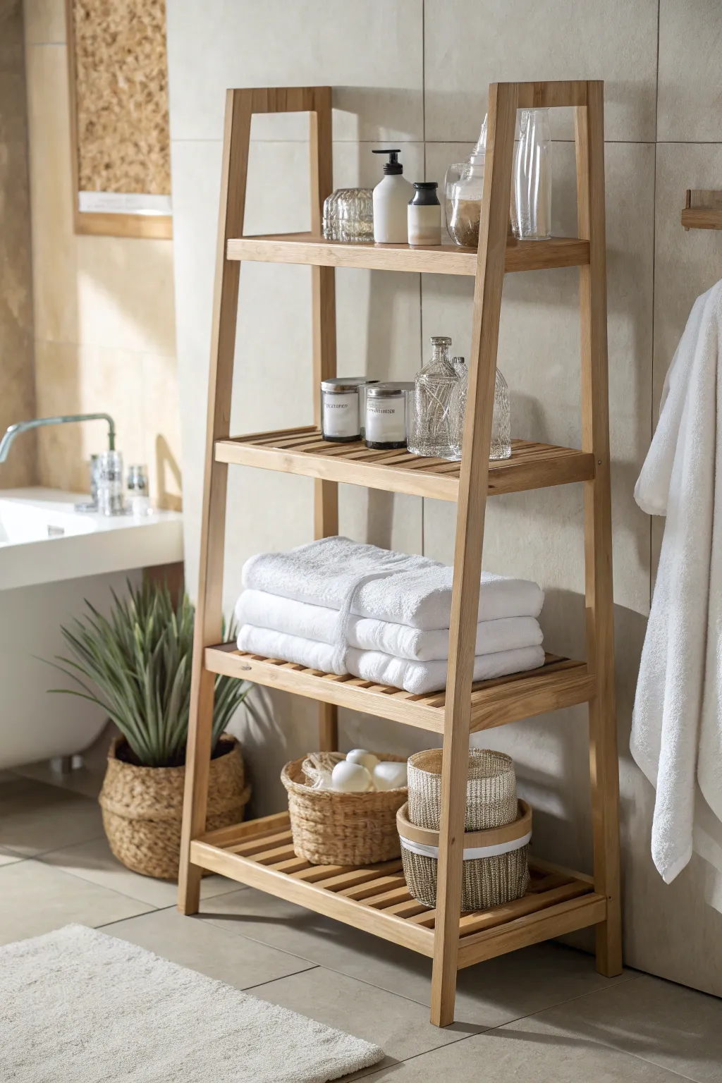 Elevate your bathroom with a touch of minimalist elegance using a baker's rack for stylish storage solutions. #BathroomInspo #MinimalistBeauty