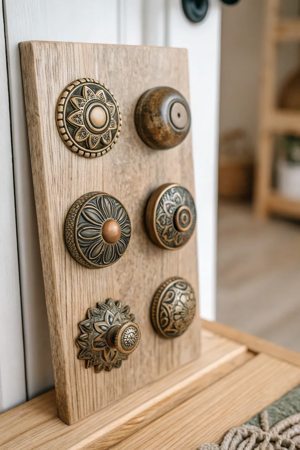 Transform vintage door knobs into chic bracelet holders for a touch of rustic elegance.