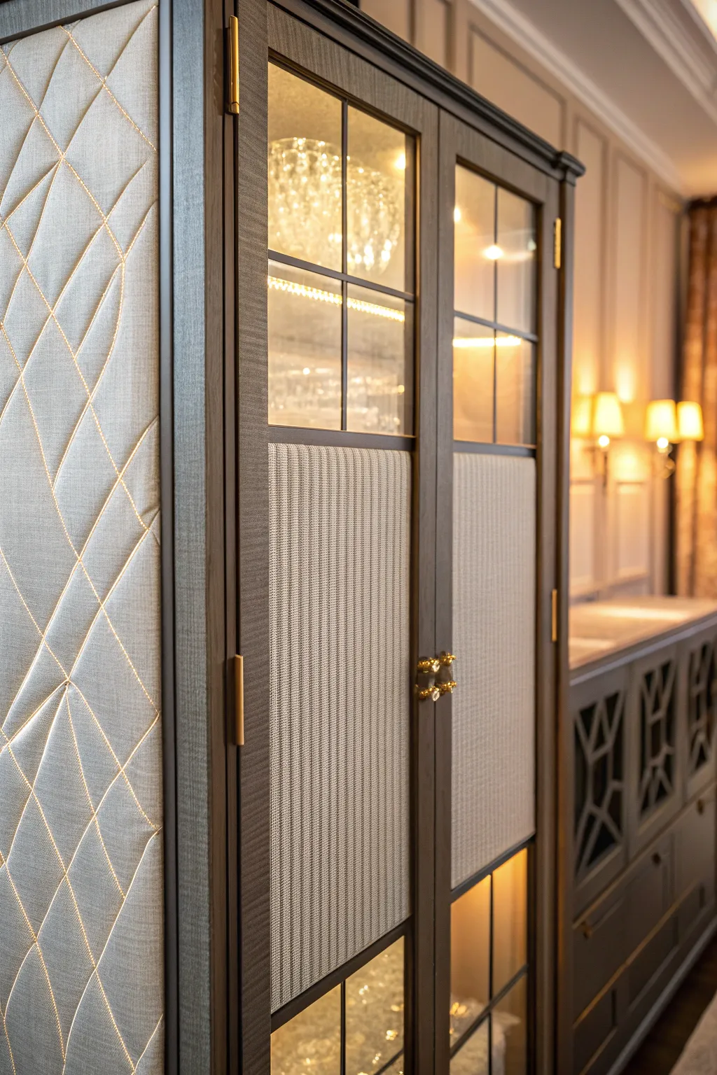Elevate your space with a touch of craftsmanship: Ribbed glass meets cozy fabric for a stunning cabinet makeover.