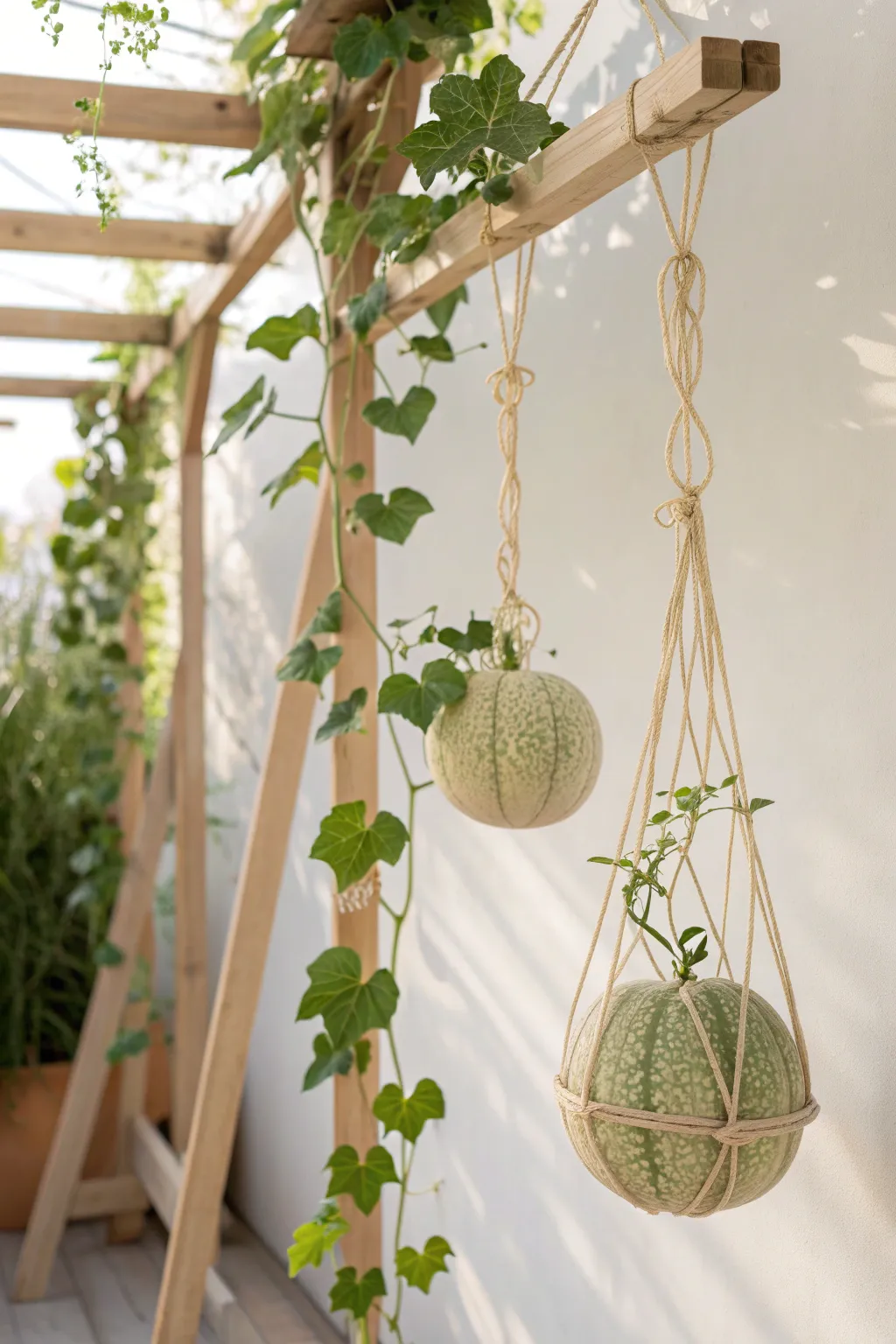 Elevate your garden's beauty with a stylish DIY hanging cantaloupe trellis. Simple, natural, and captivating.