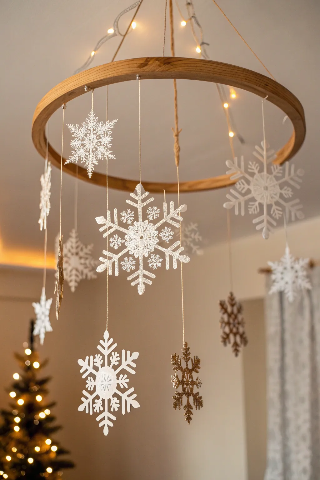 Elevate your holiday decor with a dreamy snowflake mobile, blending minimalist design with boho charm.