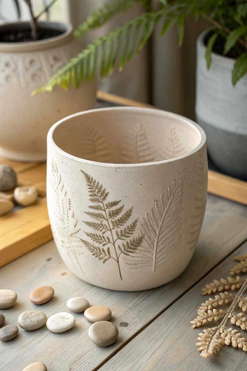 Capture the essence of the forest with handcrafted fern-imprinted pottery. #NatureInspired #ScandiBoho