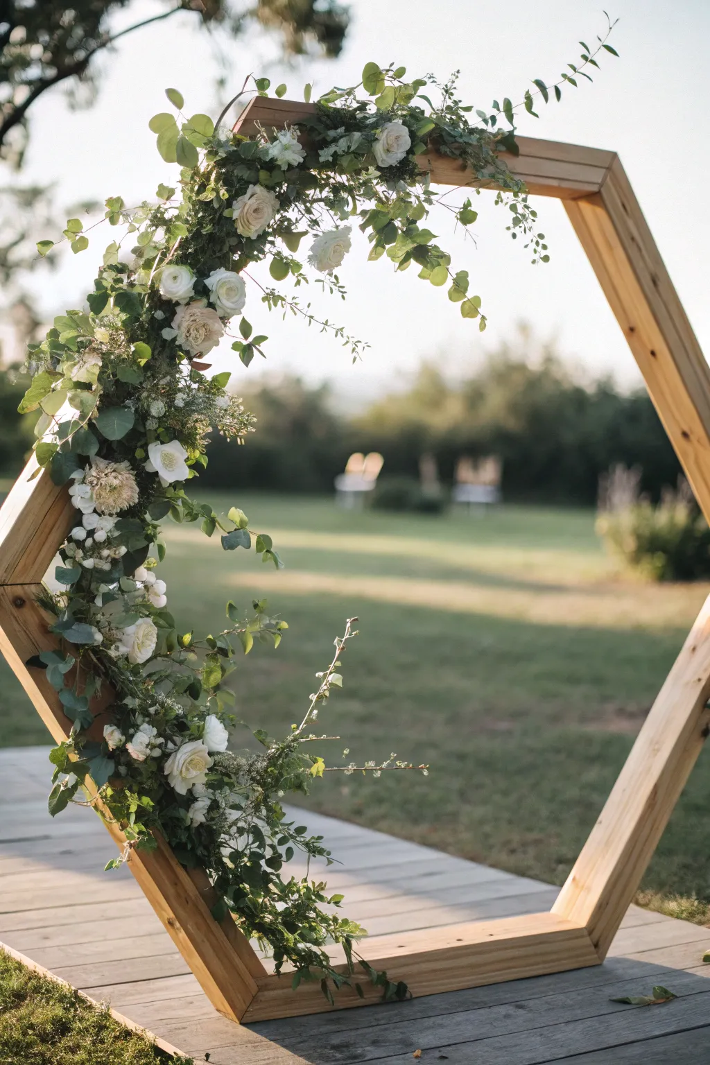 Capture the essence of simplicity and elegance with this stunning geometric wooden wedding backdrop.