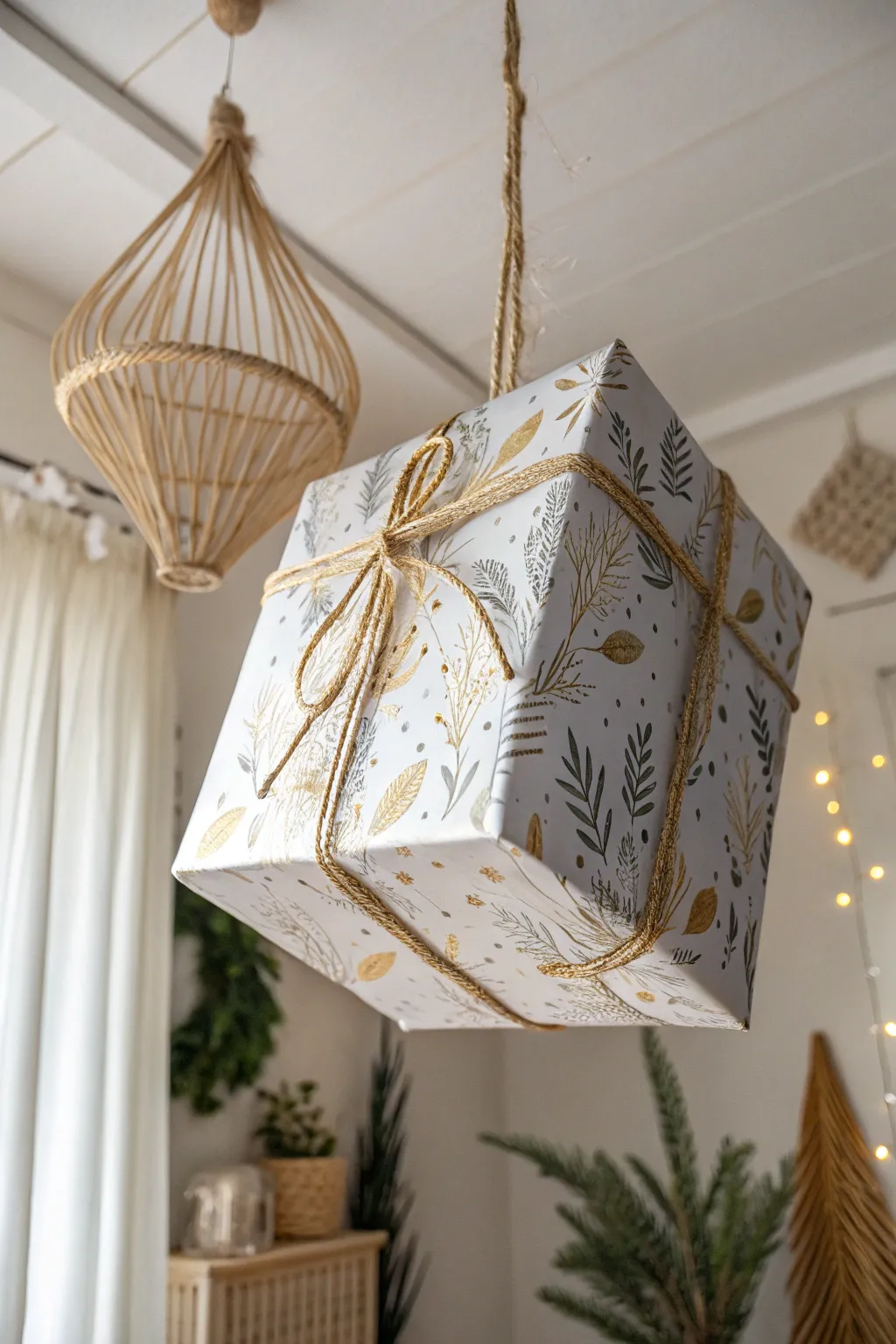 Elevate your holiday decor with whimsical hanging gift boxes, blending minimalist elegance and festive cheer.