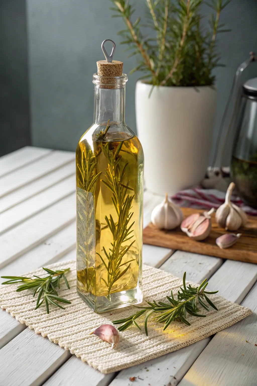 Elevate your holiday gifting with handmade rosemary garlic-infused olive oil; a simple yet sophisticated touch of gourmet luxury.