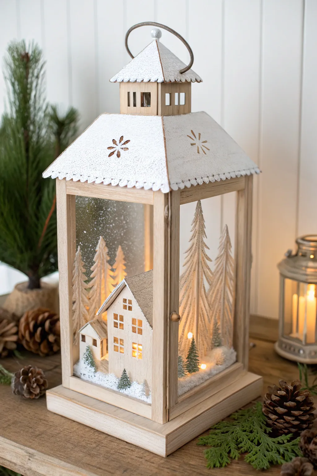 Illuminate your holiday decor with a cozy winter village in a handcrafted lantern.