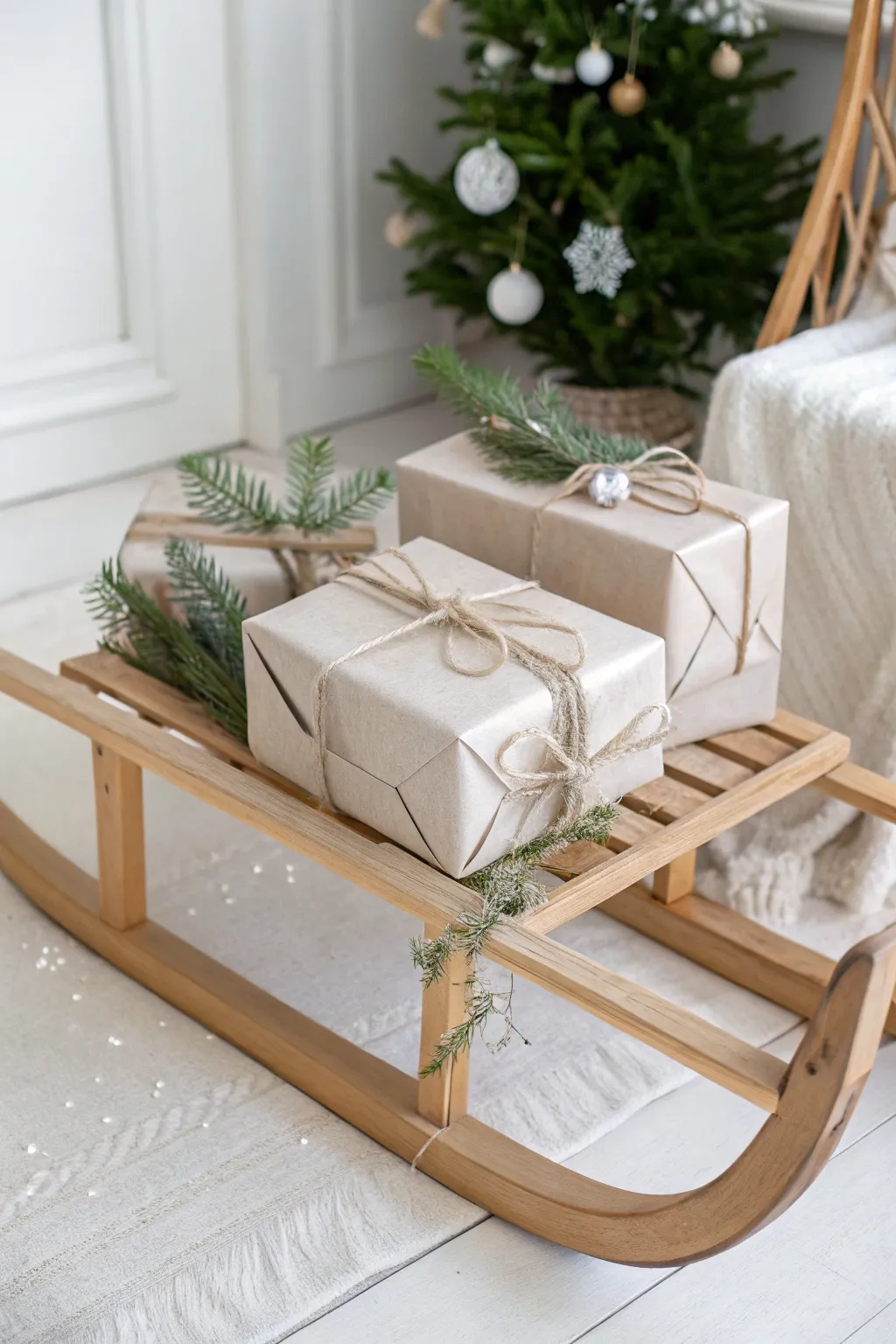 Embrace the festive spirit with a Scandinavian-inspired sleigh, beautifully adorned with elegantly wrapped gifts. 🎄✨