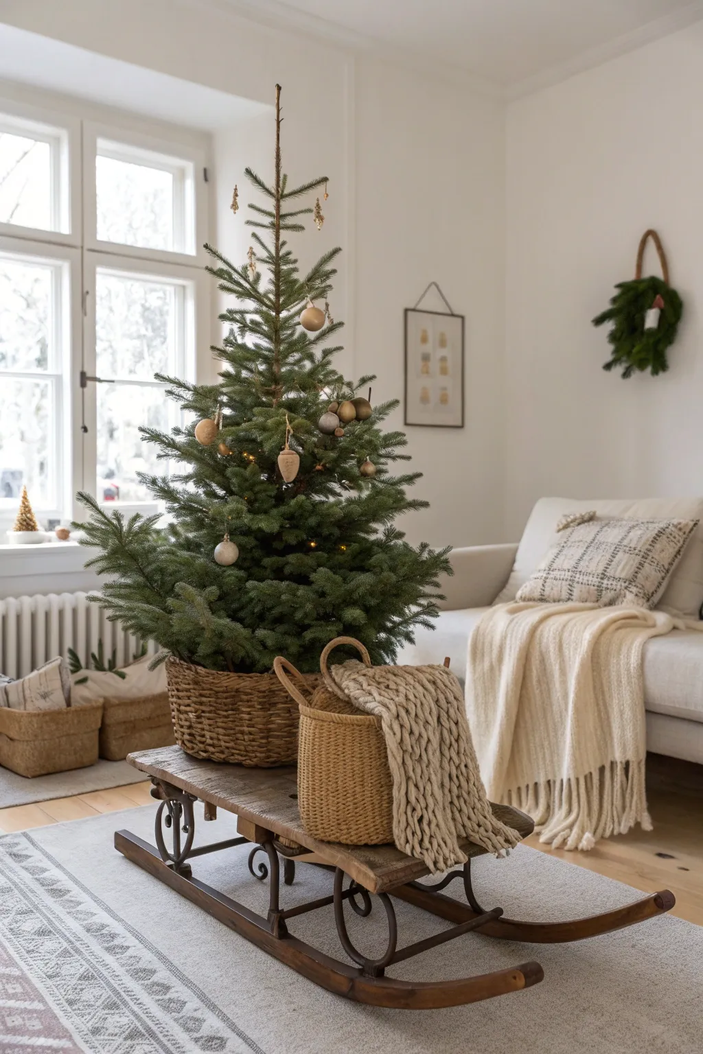 Bring a touch of nostalgic charm to your holiday decor with an antique sled tree base.