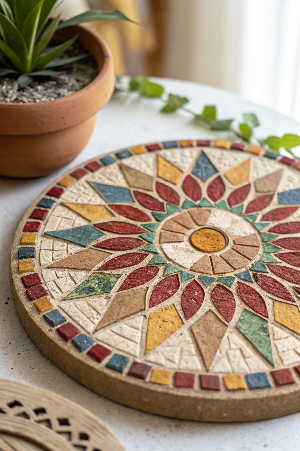 Illuminate your space with a handcrafted clay mosaic masterpiece, where vibrant colors meet minimalist elegance.
