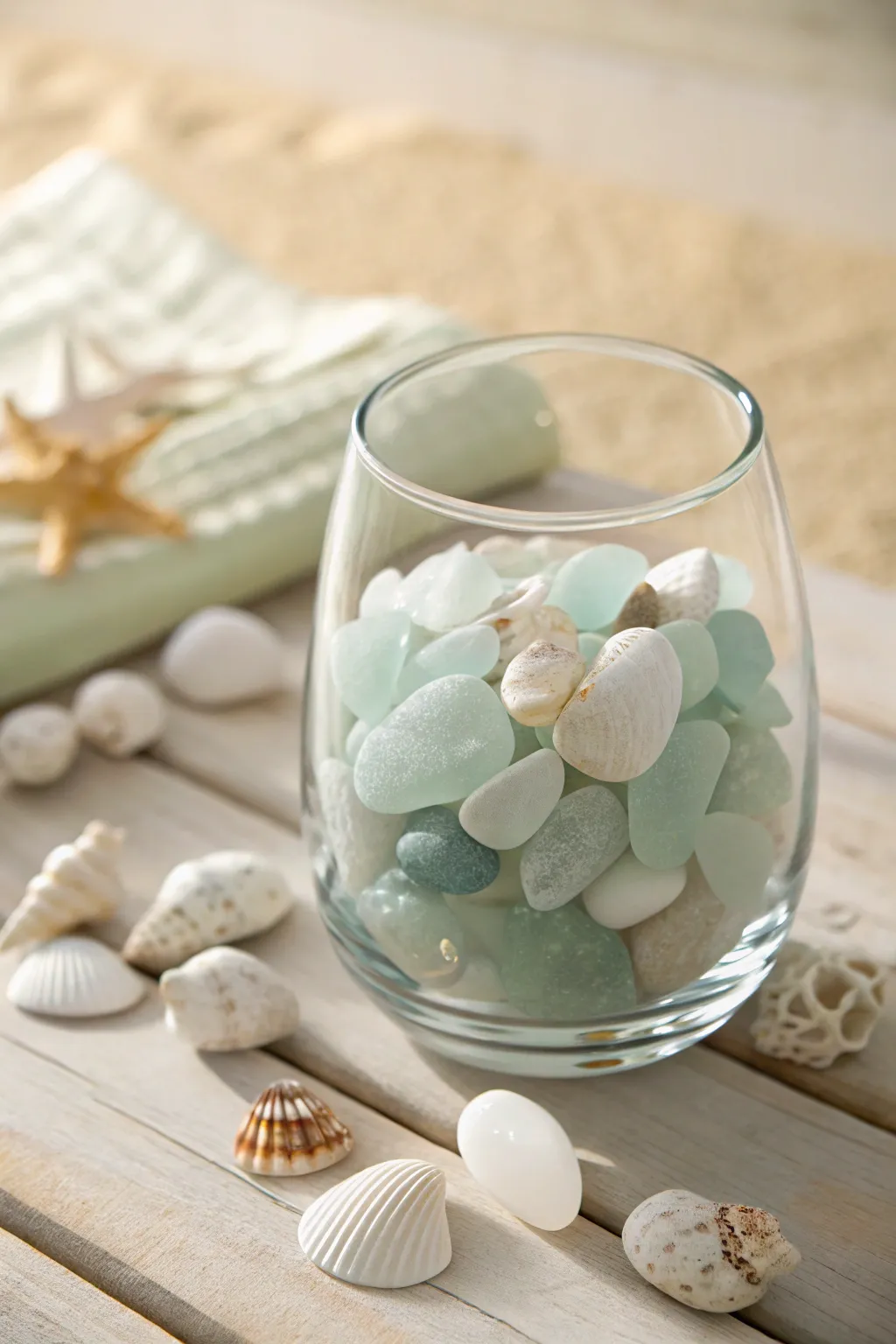 Bring the beach to your home with this serene sea glass vase decor.