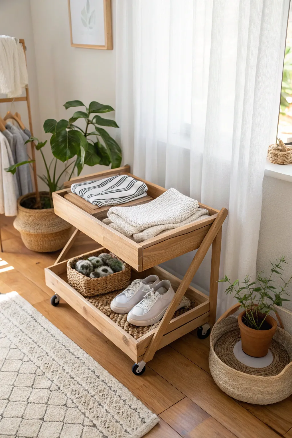Embrace flexibility and style with a chic rolling cart for your minimalist sanctuary.