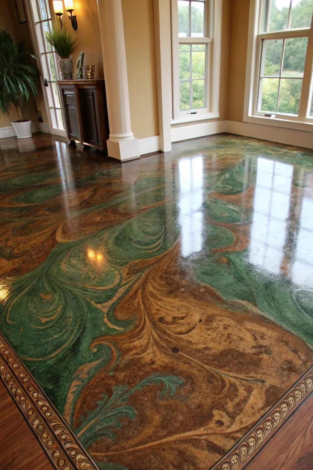 Transform your space with the timeless elegance of acid-stained concrete floors that mimic luxurious marble.